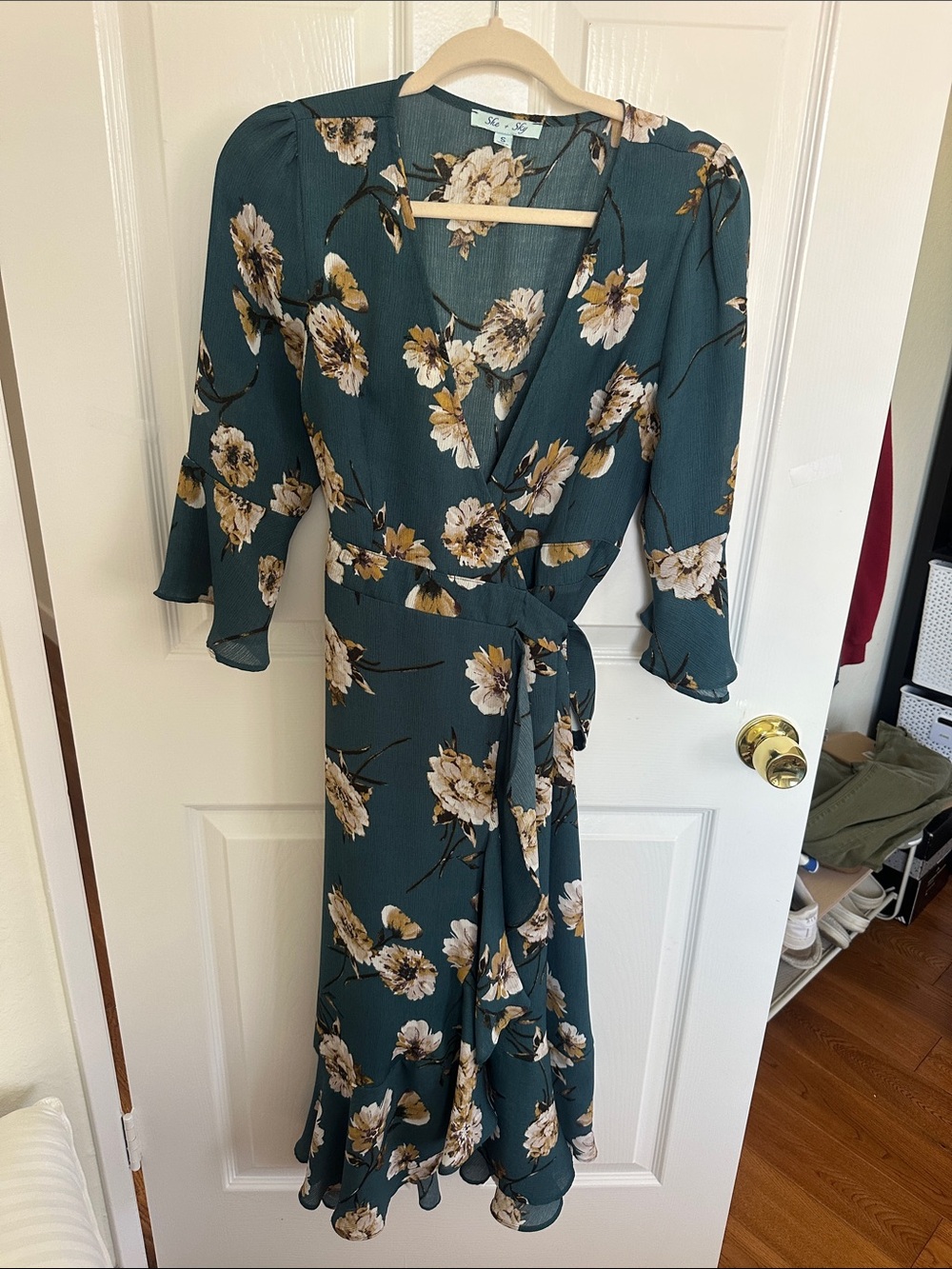 She + Sky Teal Floral Wrap Midi Dress with Tie Waist and Puff Sleeves